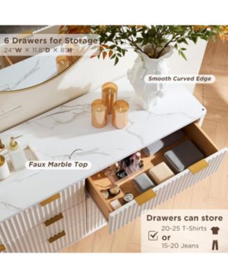 Fluted 6 Drawers Dresser, 54&amp;quot; Wide Modern Chest of Drawers with Faux Marble Top, Curved Profile Design, Dresser TV Stand, Wood Drawer Organizer for Bedroom, Living Room, Hallway, Solid White