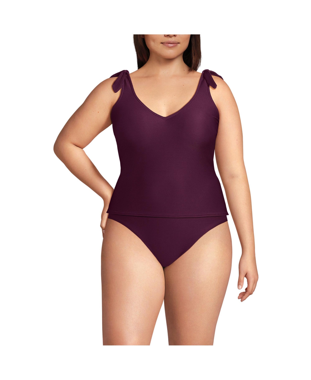 Plus Size Tie Shoulder Ribbed Flutter Tankini Top - Rich olive green ottoman