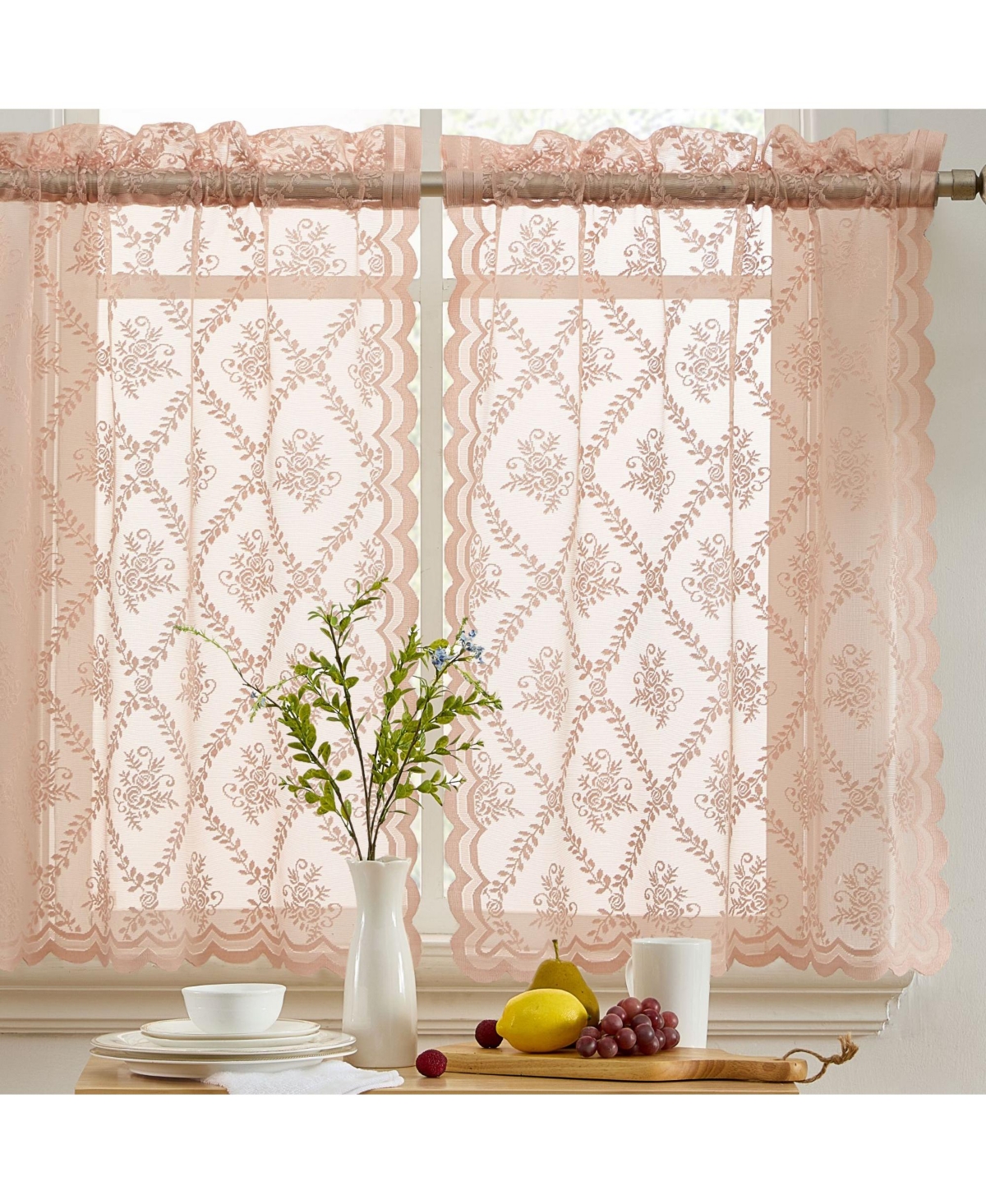 Isabella Floral Rod Pocket Lace Semi Sheer Voile Short Cafe Tiers for Small Windows - 28 x 36 Inch Length (Blush Pink Tiers, Set of 2) - Blush