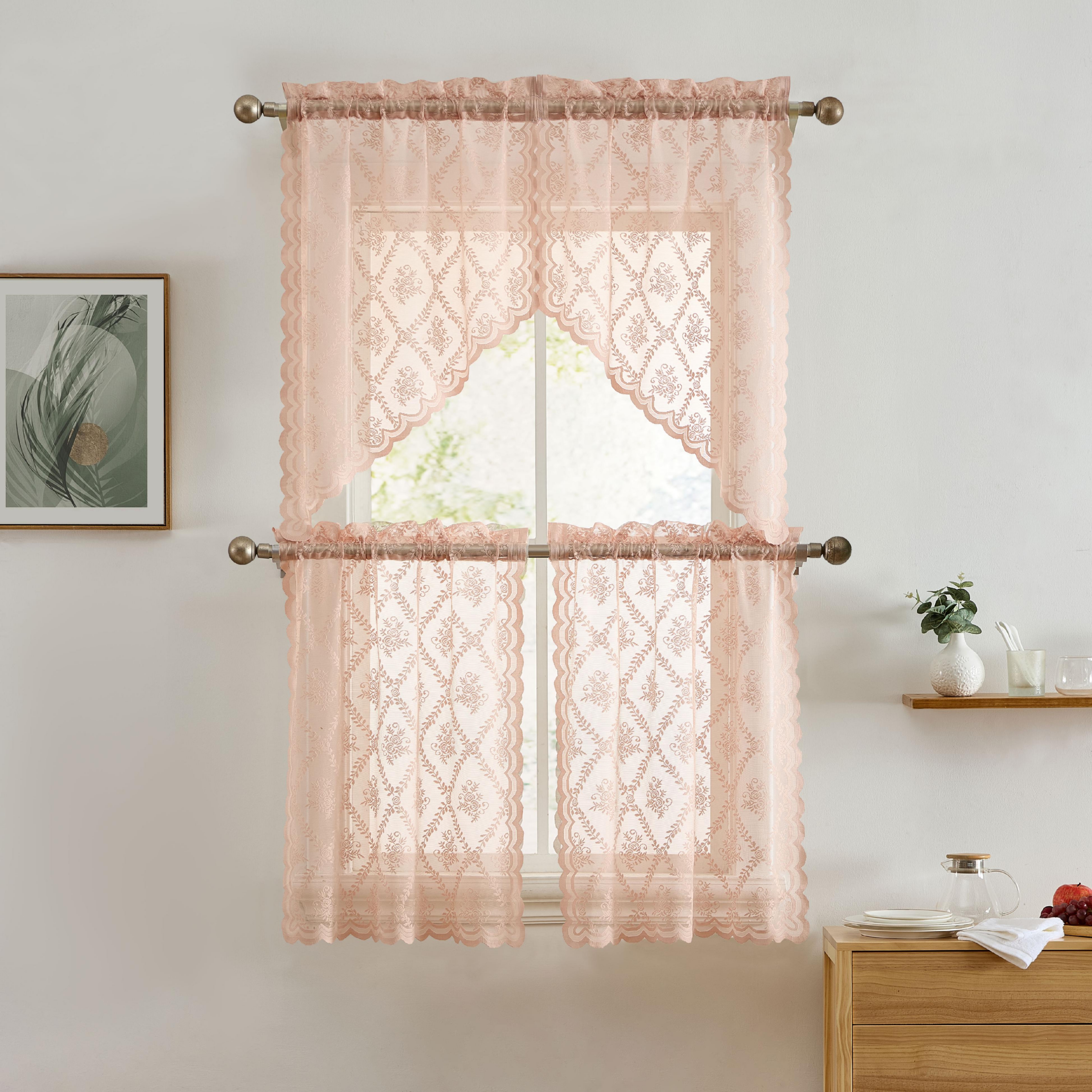 Hlc.me Isabella Floral Rod Pocket Lace Semi Sheer Voile Short Cafe Tiers for Small Windows - 28 x 36 Inch Length (Blush Pink Tiers, Set of 2)