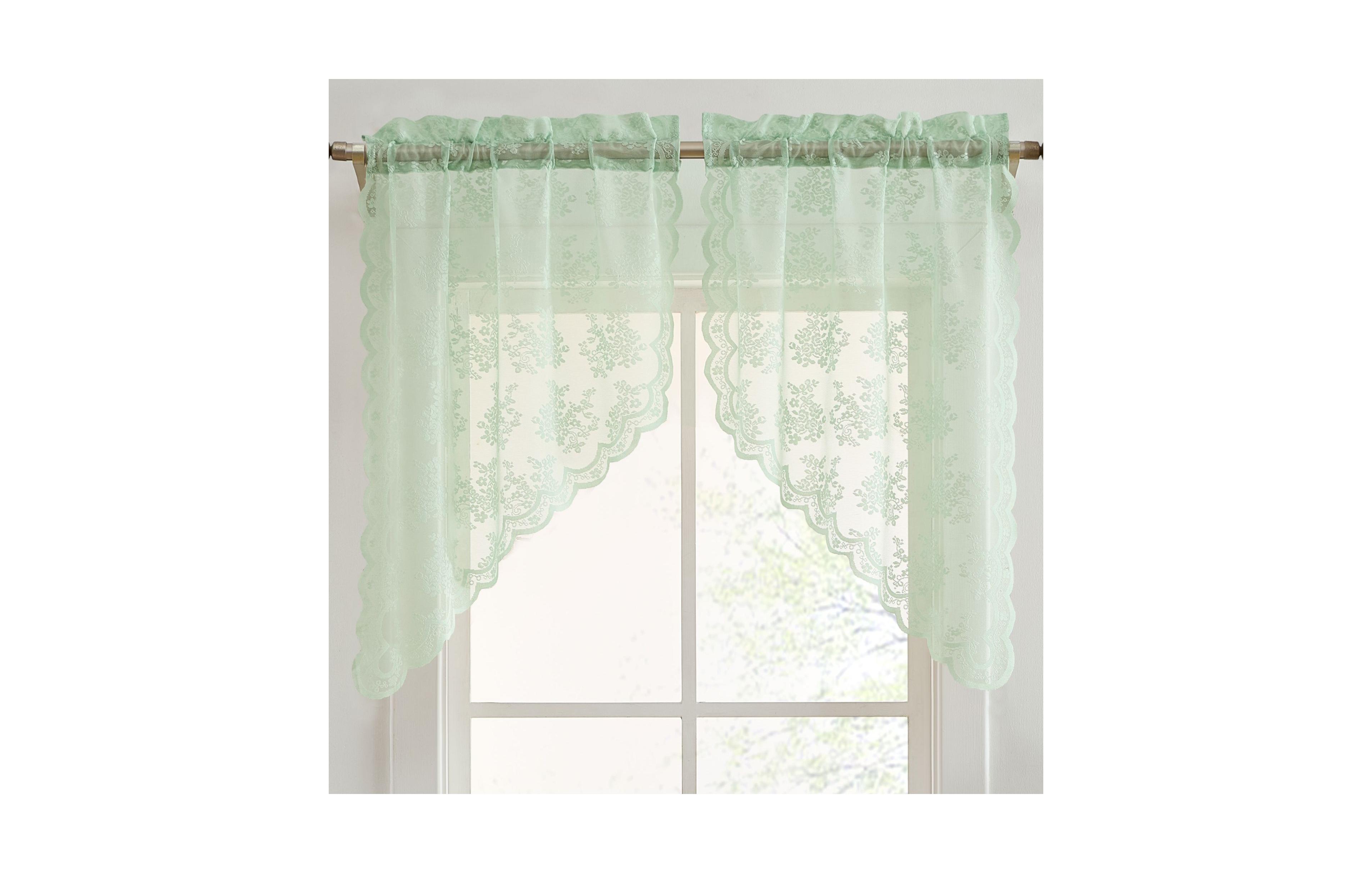 Hlc.me Jolene Floral Rod Pocket Lace Short Cafe Swags for Small Windows - 28 x 36 Inch Length (Seafoam Green Swags, Set of 2)