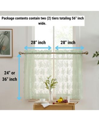 Jolene Floral Rod Pocket Lace Semi Sheer Voile Short Cafe Tiers for Small Windows - 28 x 24 Inch Length (Seafoam Green Tiers, Set of 2)