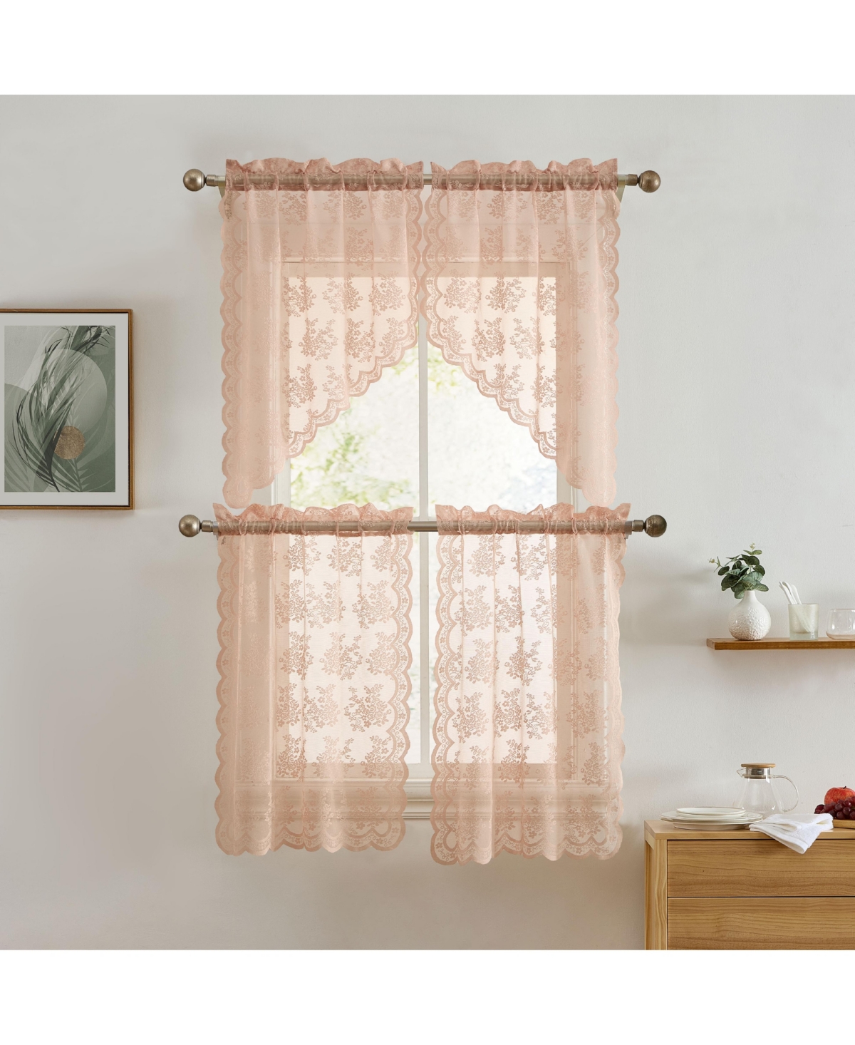 Hlc.me Jolene Floral Rod Pocket Lace Semi Sheer Voile Short Cafe Tiers for Small Windows - 28 x Inch Length (Blush Pink Tiers