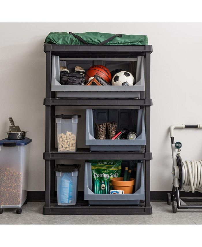 IRIS USA Medium Stackable Storage Bins Open Front, Heavy Duty Garage Organization, Gray 3Pack