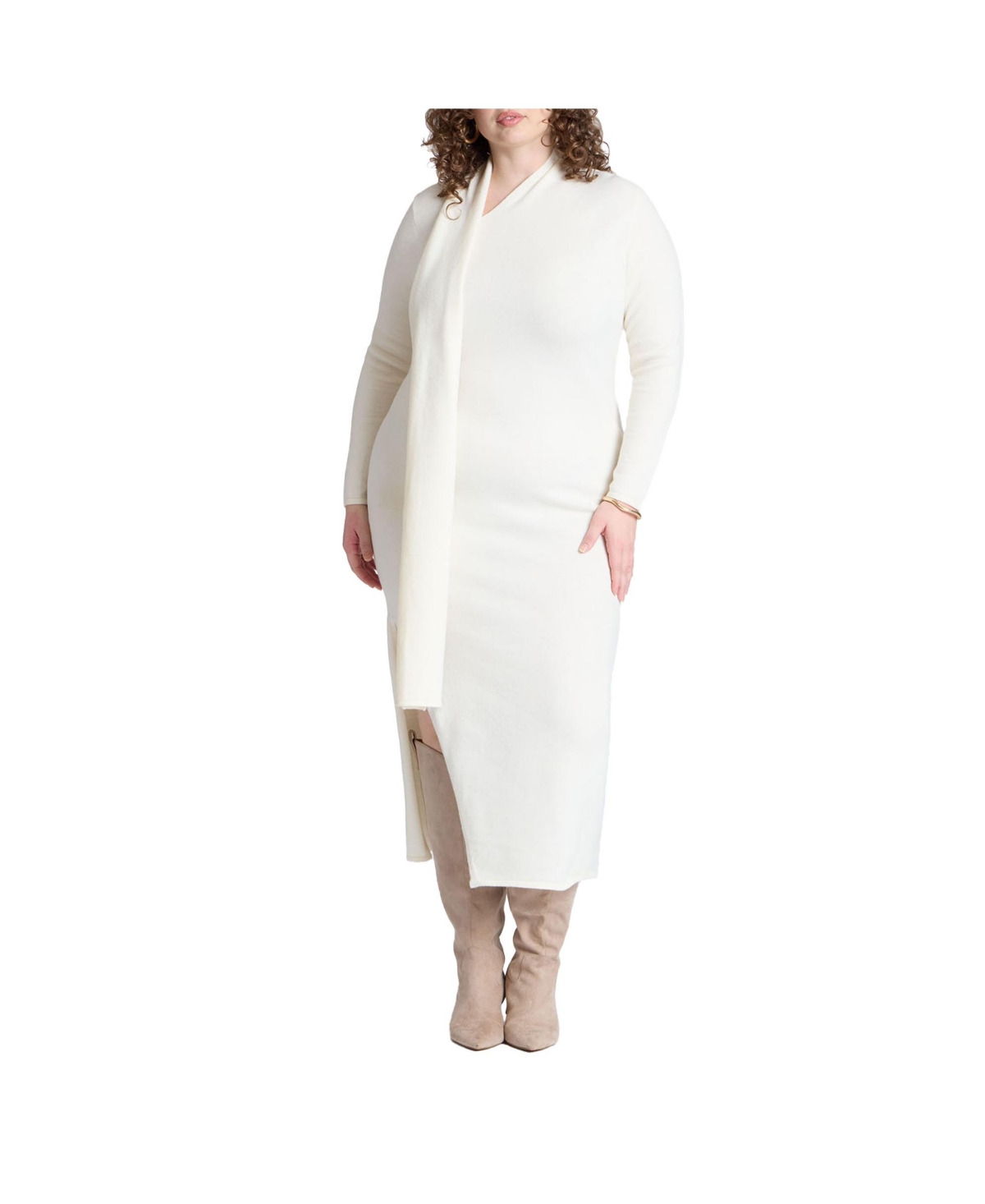 Plus Size Scarf Sweater Dress - Gray