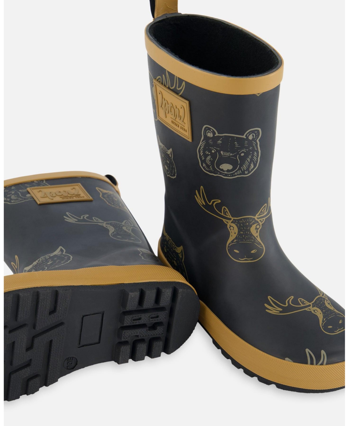 Deux par Deux Little Boys Printed Rain Boots Beige Animals On Black Background