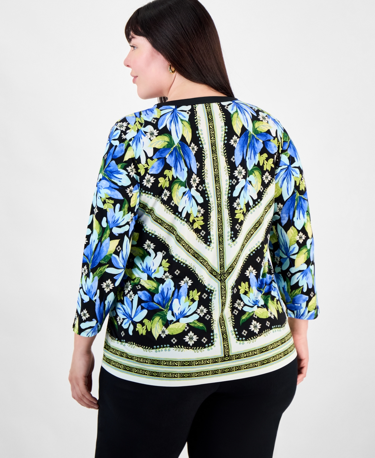 JM COLLECTION PLUS SIZE PRINTED 3/4-SLEEVE TOP, EXCLUSIVELY AT MACY'S 