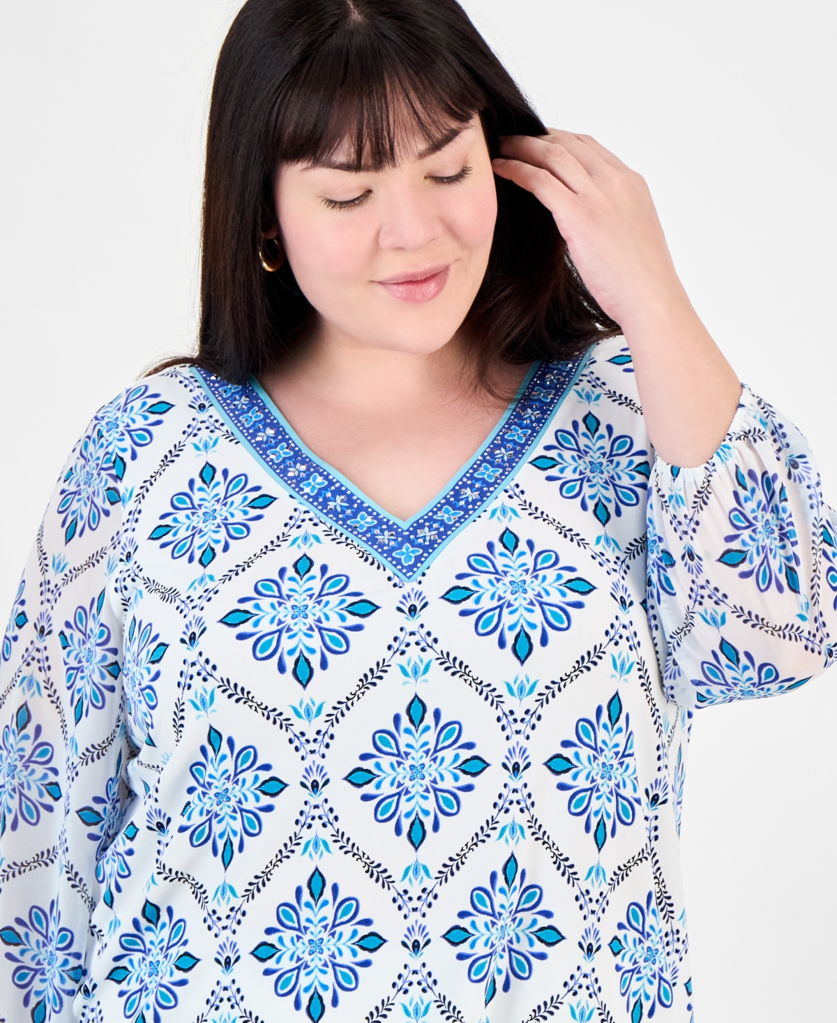 Jm Collection Plus Size Embellished V-neck 3/4-sleeve Top, Exclusively At Macy's In Neo Natural