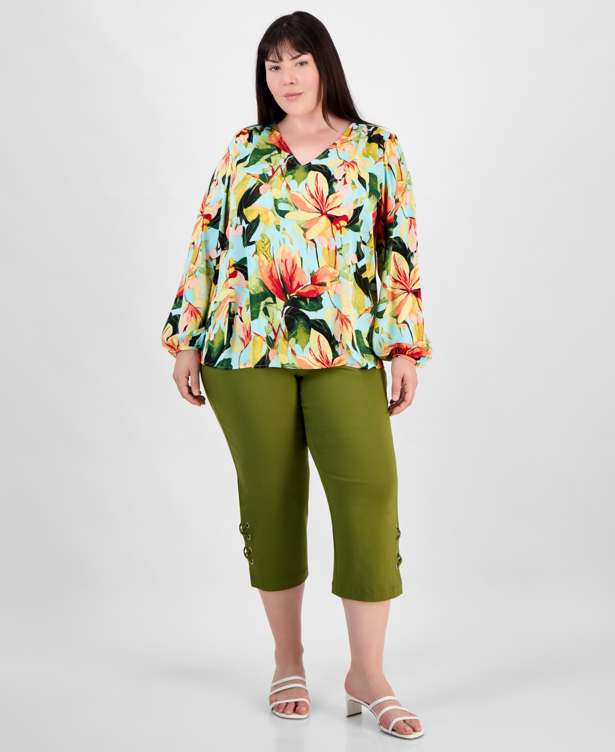 Jm Collection Plus Size Printed Long-sleeve Top, Exclusively At Macy's In Teal Spark