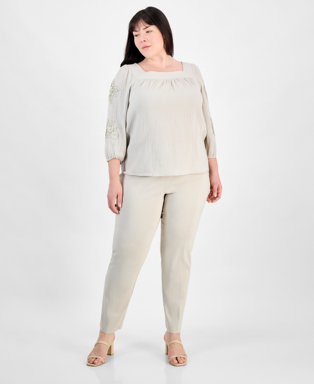 JM COLLECTION PLUS SIZE COTTON SQUARE-NECK FLORAL-APPLIQUE TOP, EXCLUSIVELY AT MACY'S 
