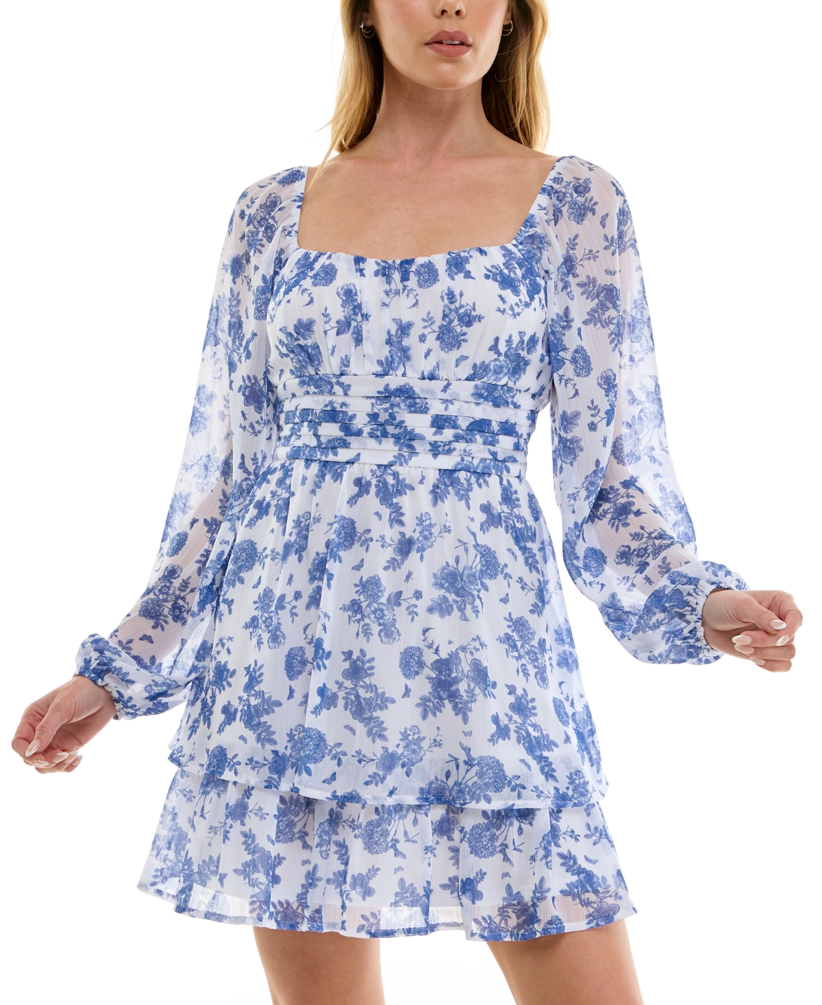 Juniors' Floral Print Chiffon Blouson-Sleeve Fit & Flare Dress - White/Blue Floral