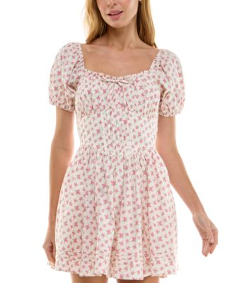 ROW A - Juniors' Floral Print Cotton Puff-Sleeve Fit & Flare Dress