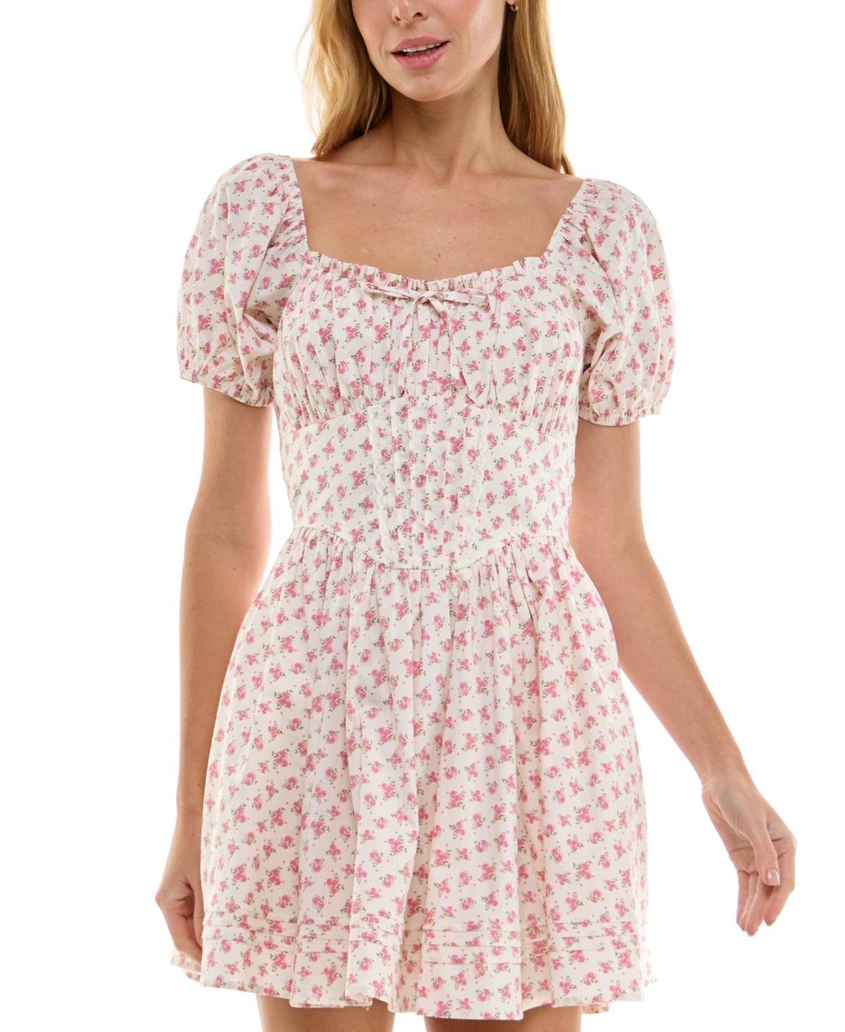 Juniors' Floral Print Cotton Puff-Sleeve Fit & Flare Dress - White/Pink Floral