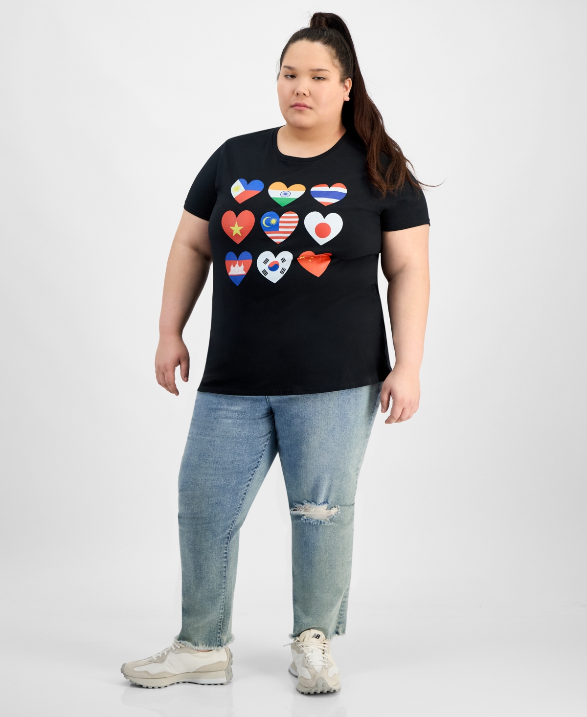 Hybrid Apparel Trendy Plus Size Aapi Hearts Graphic Tee In Beige,khaki