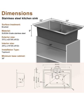 Single Bowl Stainless Steel Topmount  33" x 22" Kitchen Sink with Accessories