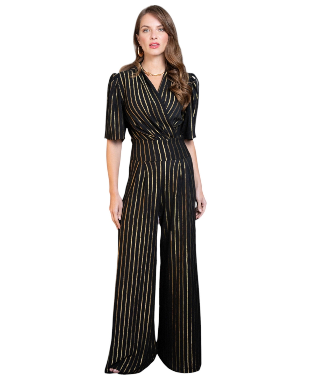 Women's Gold Stripe Wide Leg Jumpsuit - Black