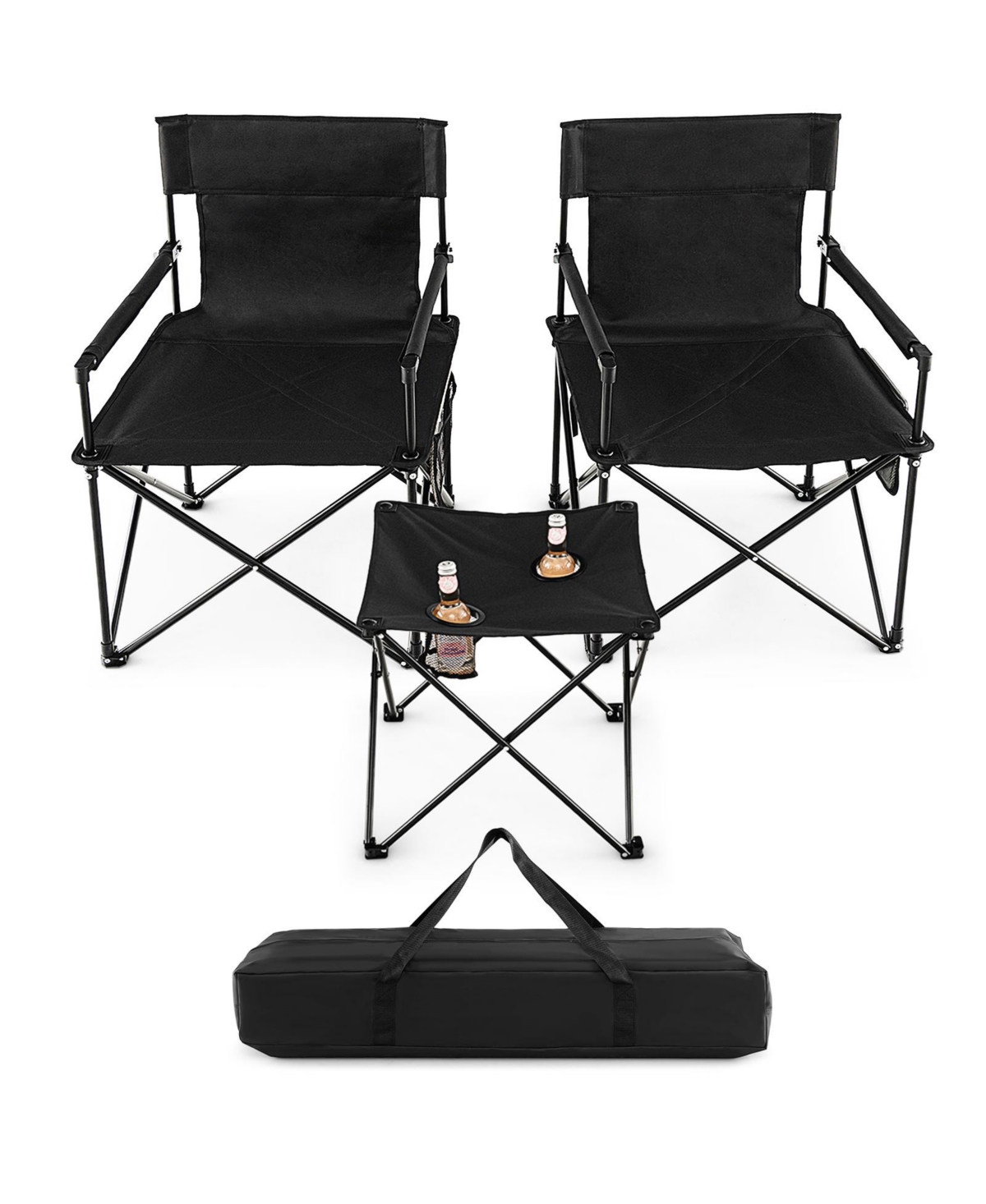 Outdoor Folding Camping Chairs and Table Set with Carrying Bag - Black