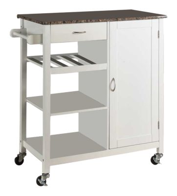 Farmhouse Kitchen Cabinet Cart with Marble Finish Top, Drawer, Shelves, and Wheels