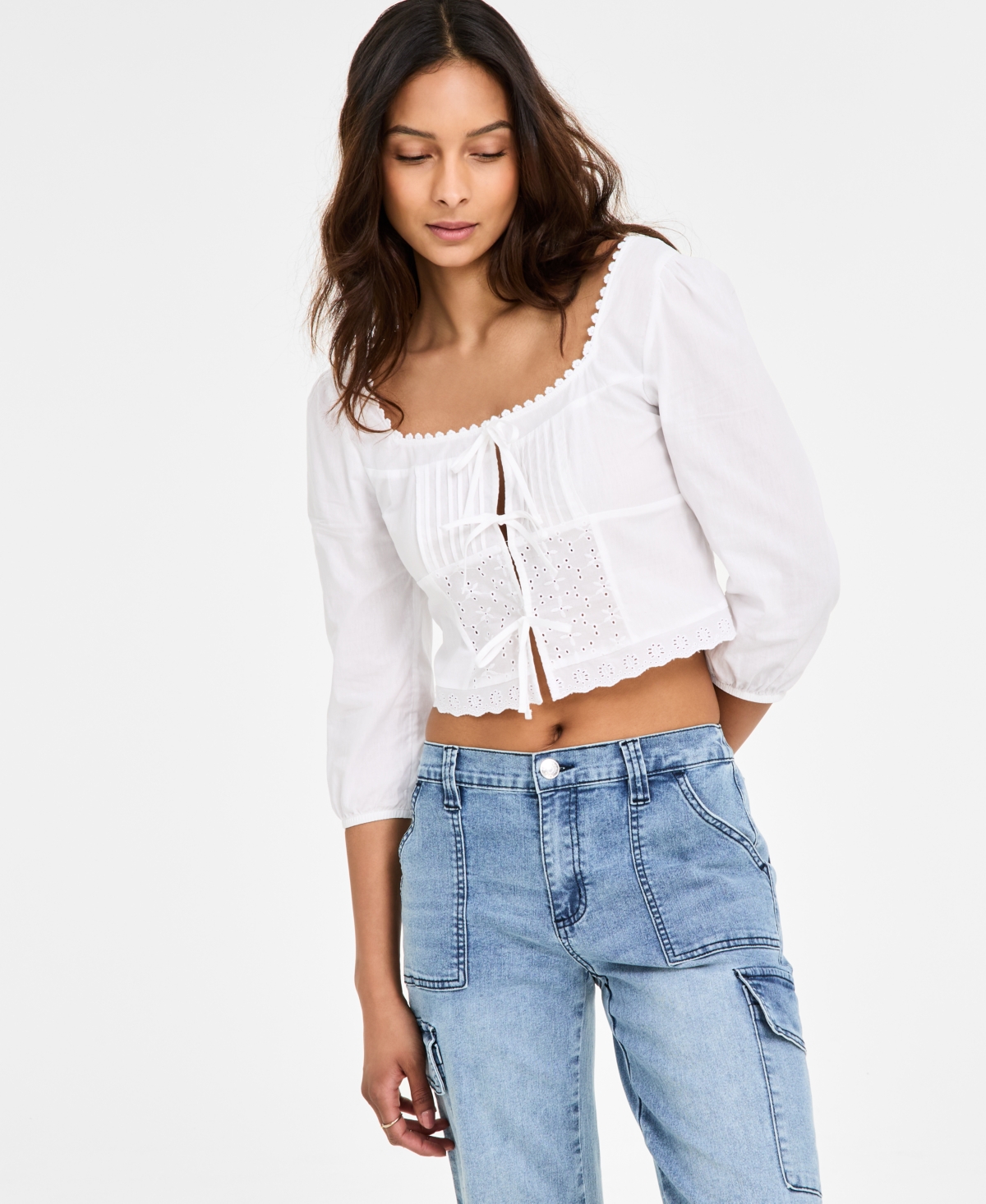 Juniors' Tie-Front Eyelet Top - White