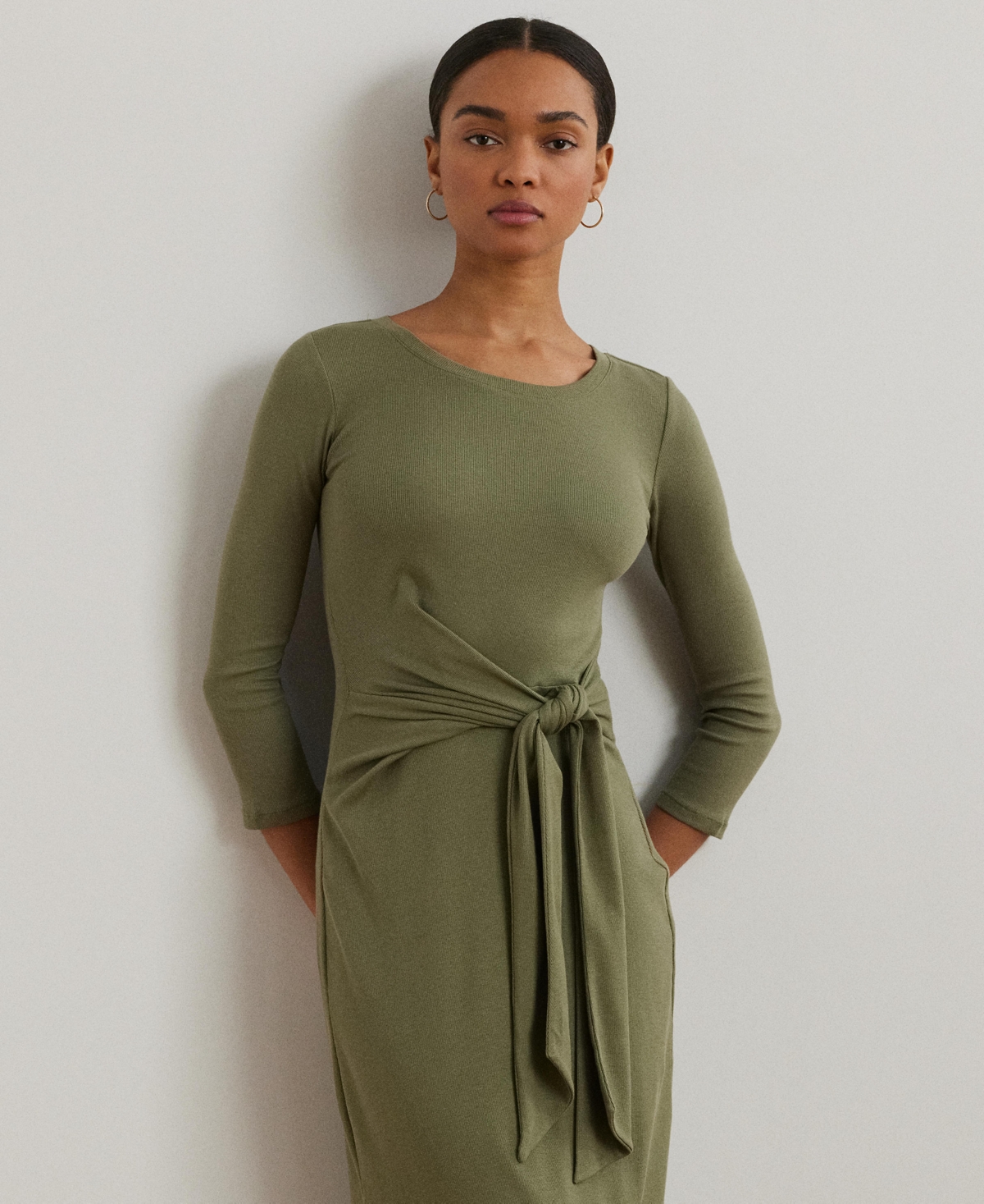 RALPH LAUREN WOMEN'S TIE-FRONT COTTON-BLEND CREWNECK DRESS 