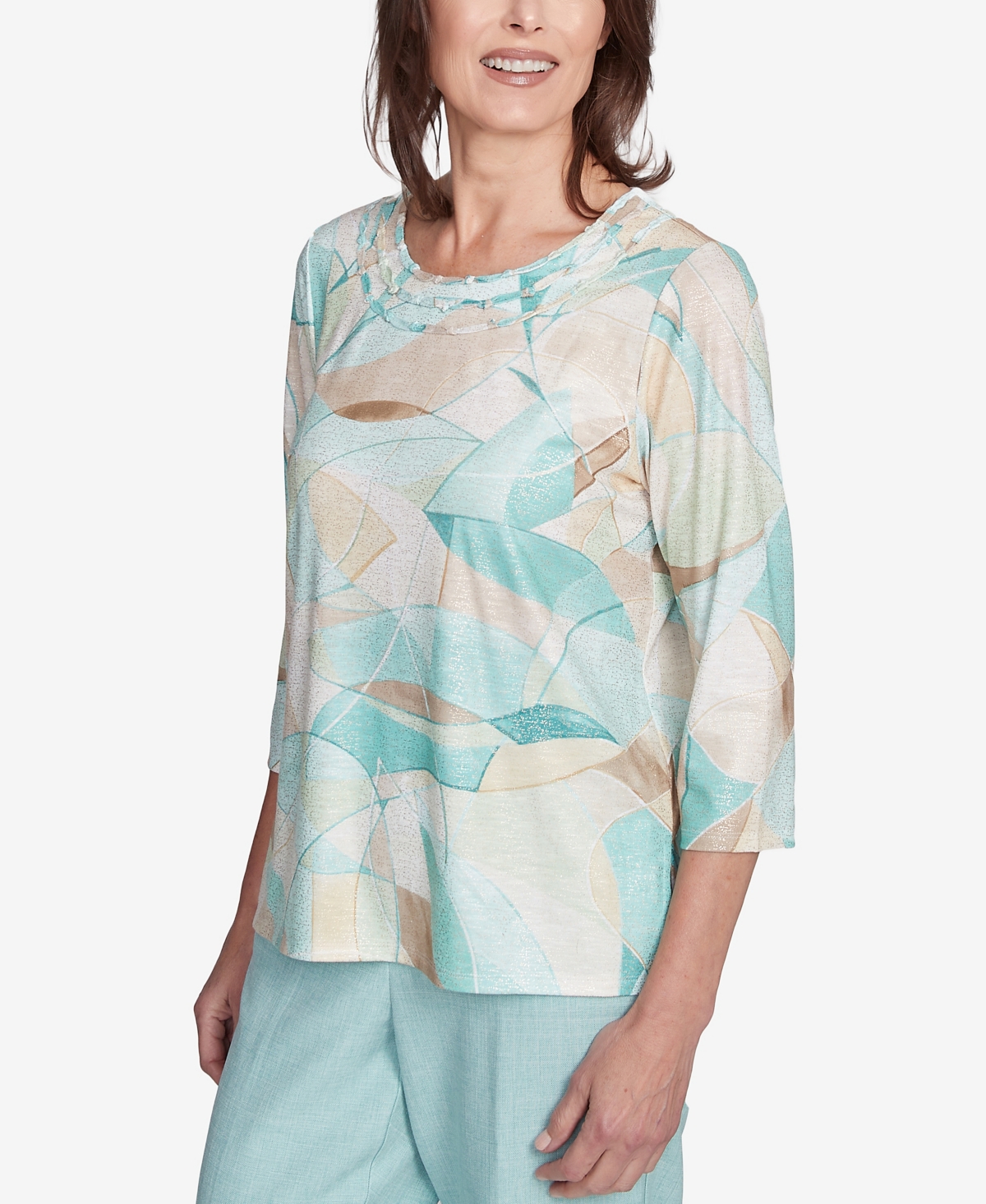 Alfred Dunner Women's Kensington Gardens Stained Glass Crew Neck Top In Neutral Multi