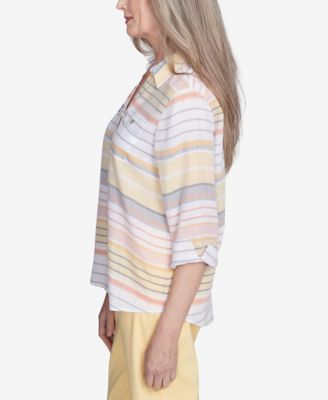 Women's Dress Code Button Down Striped Cuffed Sleeve Top