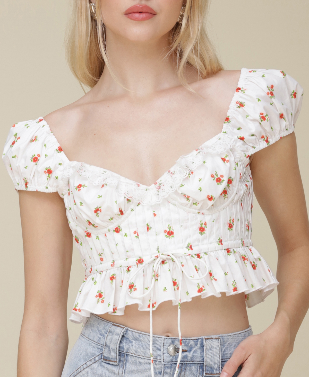 Avec Les Filles Women's Cotton Printed Pleated Cropped Peplum Blouse In Scarlet Blossoms