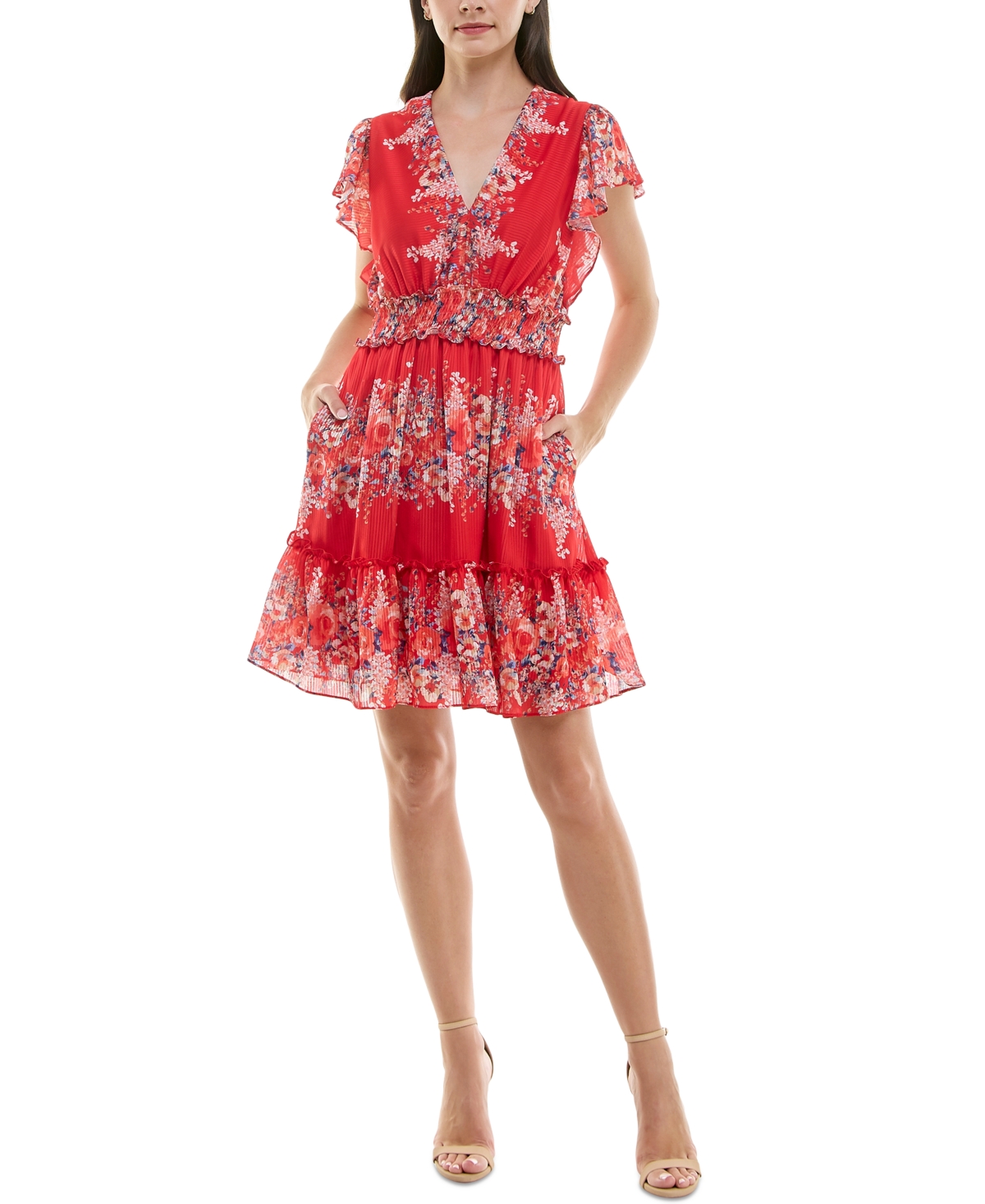 Petite Printed Flutter-Sleeve Fit & Flare Dress - Flame Denim