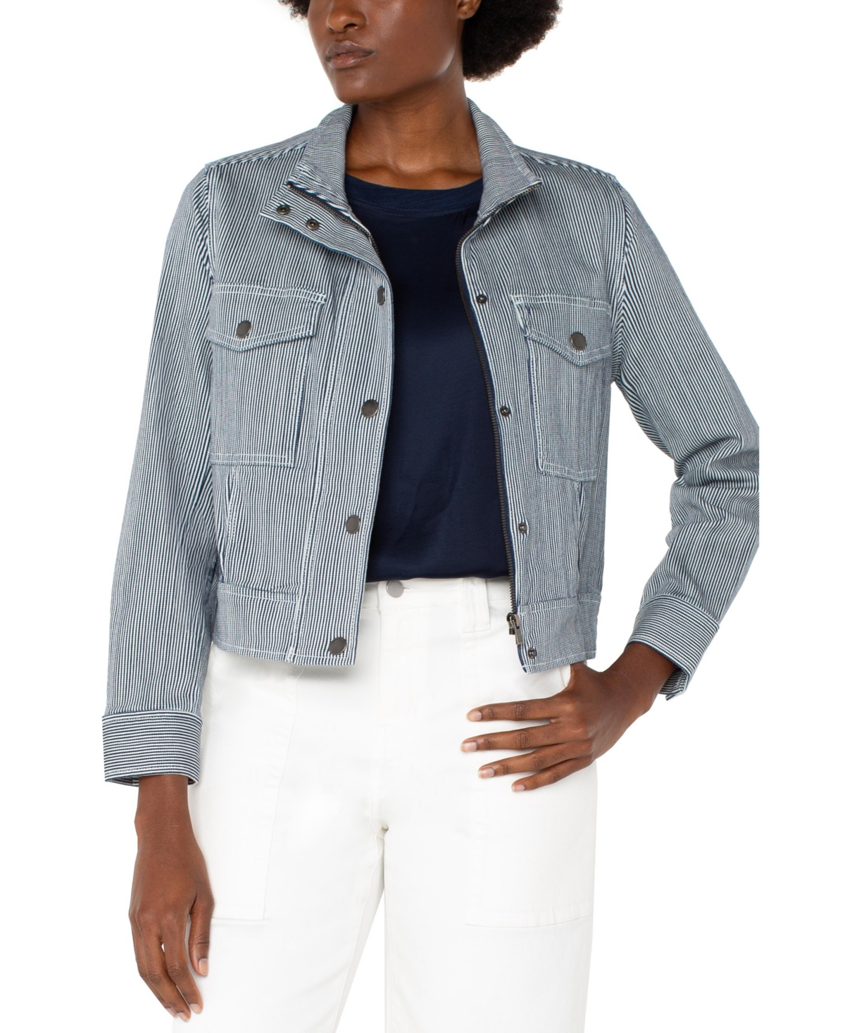 Women's Striped Utility Crop Jacket - Navy White Stripe