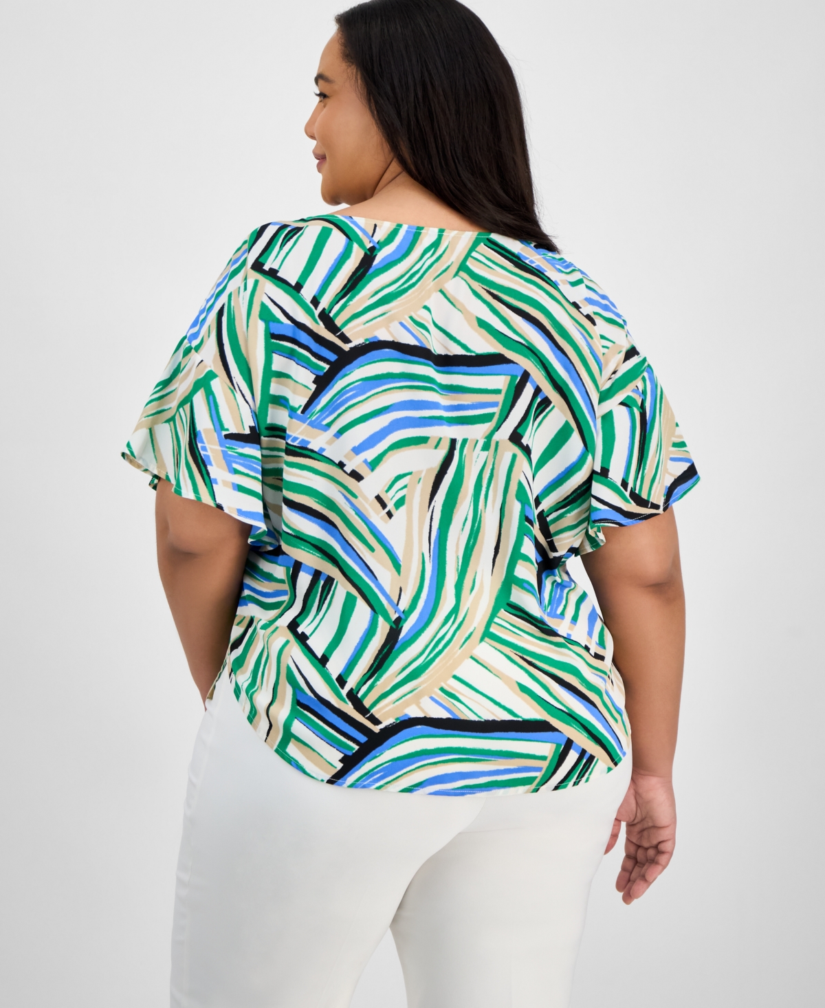 Anne Klein Plus Size Printed Flutter-sleeve Blouse