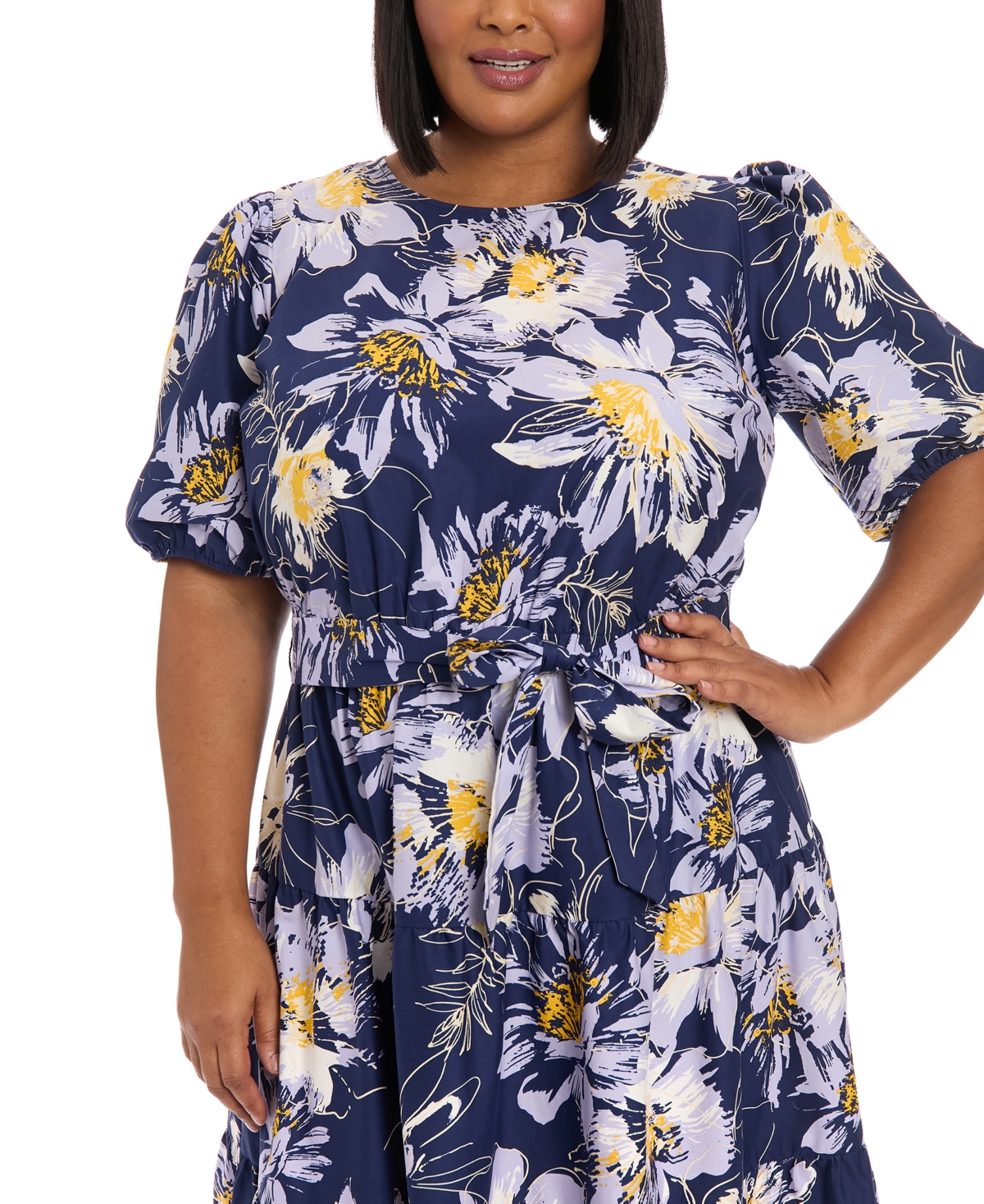 London Times Plus Size Printed Puff-sleeve Midi Dress In Navy Ivory
