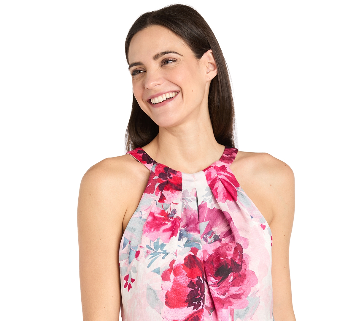 R & M Richards Petite Floral-print High-neck Blouson Dress In Cream,rose