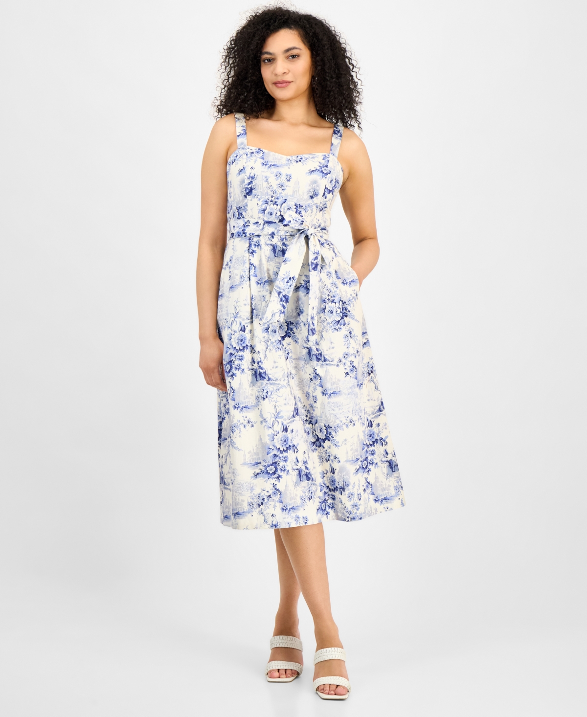Women's Cotton Floral-Print Midi Dress - Ivory/blue