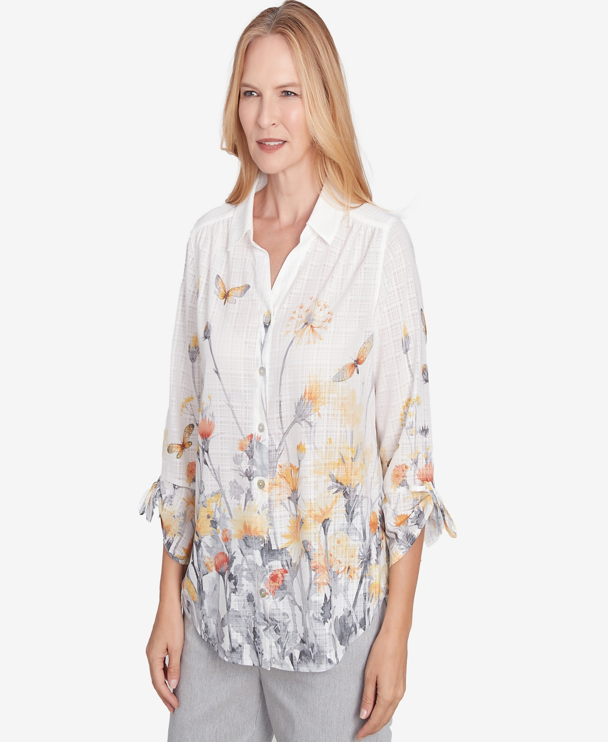 Alfred Dunner Petite Dress Code Button Down Butterfly Floral Top With Necklace In Multi White