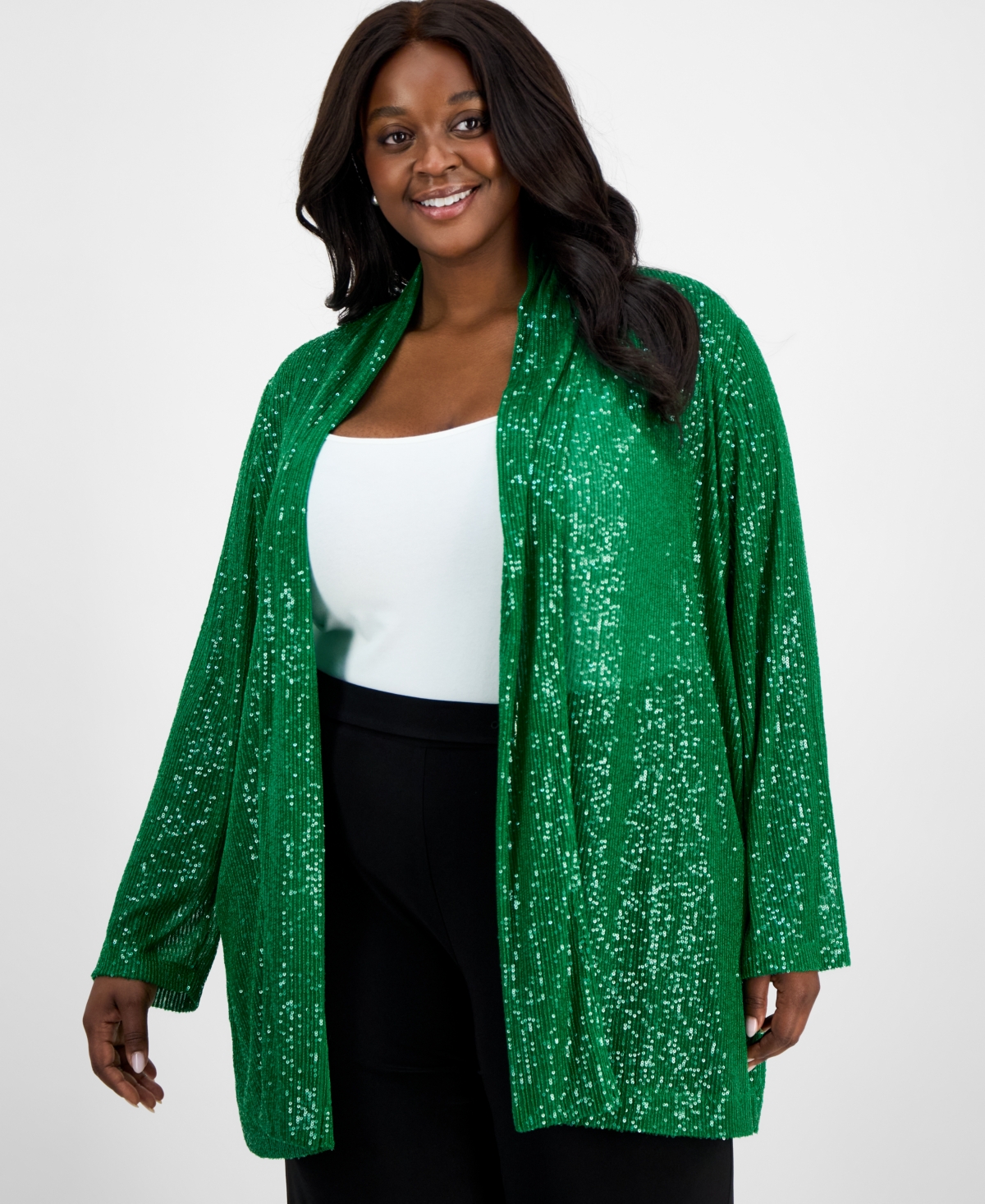 ANNE KLEIN PLUS SIZE OPEN-FRONT SEQUIN CARDIGAN 