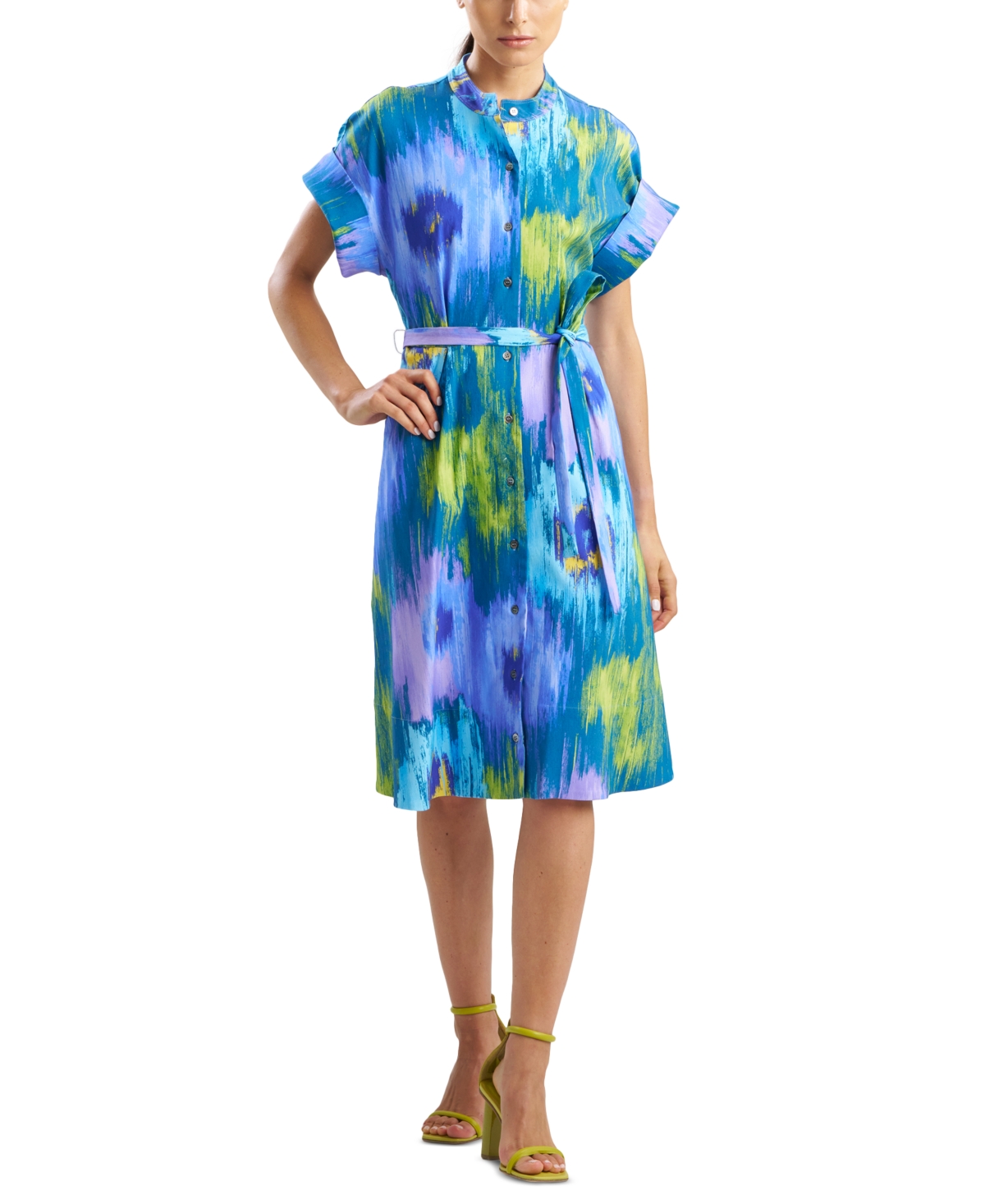 Women's Multi Floral Mandarin-Collar Shirt Dress - Blue/Green