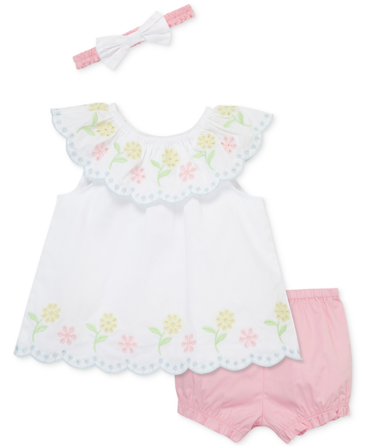 Shop Little Me Baby Girls 3-pc. Cotton Eyelet Tunic, Shorts & Headband Set In White,pink