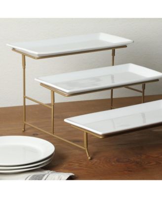 Gracious Dining Dinnerware, 3-Tier Rectangle Plate Serving Set with Gold Metal Stand, White