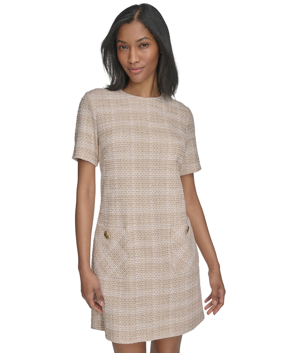 HALSTON WOMEN'S PATCH-POCKET SHORT-SLEEVE TWEED SHIFT DRESS 