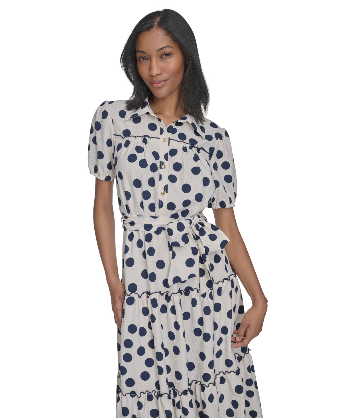 HALSTON WOMEN'S COLLARED TIE-WAIST SHORT-SLEEVE TIERED DRESS 