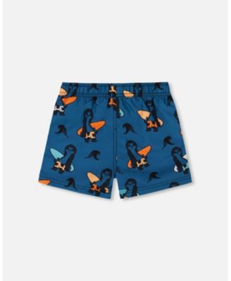 Boy Printed Swim Trunks Orange Sloths On Navy Blue - Toddler|Child