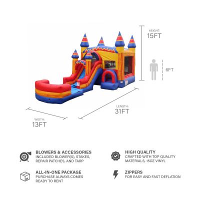 Superhero Bounce House Water Slide Combo with Pool (Blower Included), for Kids and Adults, Wet Dry Use, Tunnel Entrance, Basketball Hoop, Outdoor Indoor