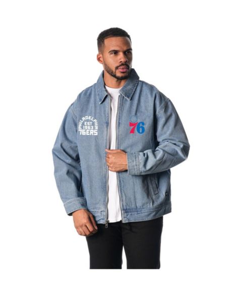 Женские куртки The Wild Collective Men's and Women's Blue Philadelphia 76ers Coaches Full-Zip Denim Jacket