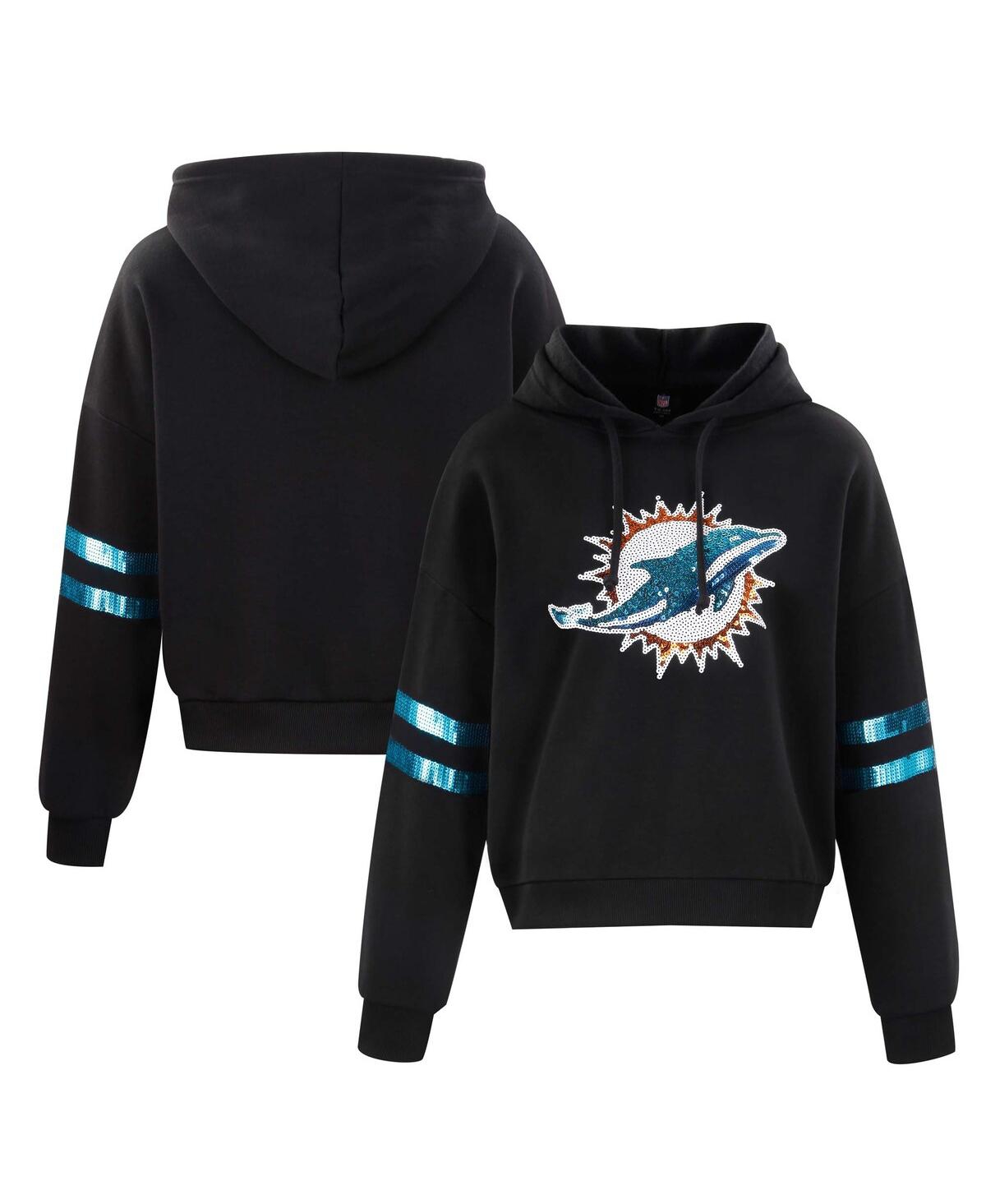 Women's Black Miami Dolphins Cropped Sequins Pullover Hoodie - Black