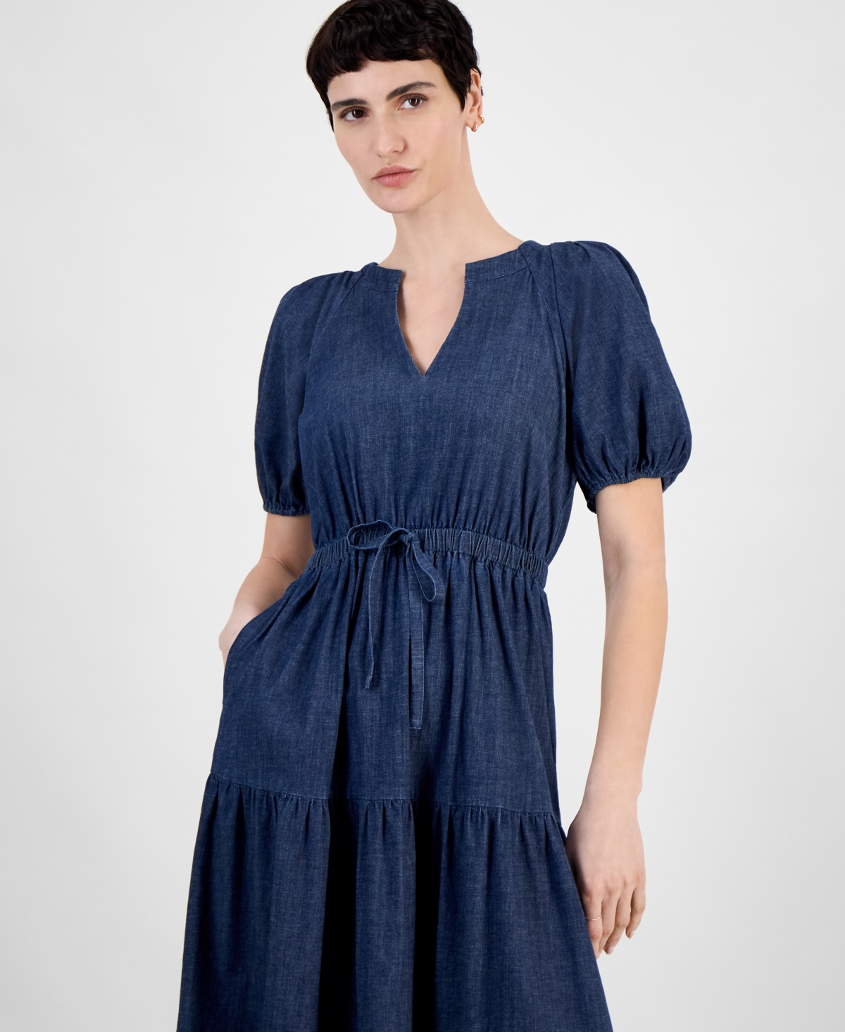 Anne Klein Petite Puff-sleeve Tiered Denim Midi Dress In Blue