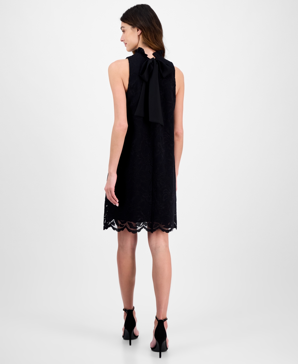 Anne Klein Women's High-ruffle-neck Sleeveless Lace Dress In Anne Black