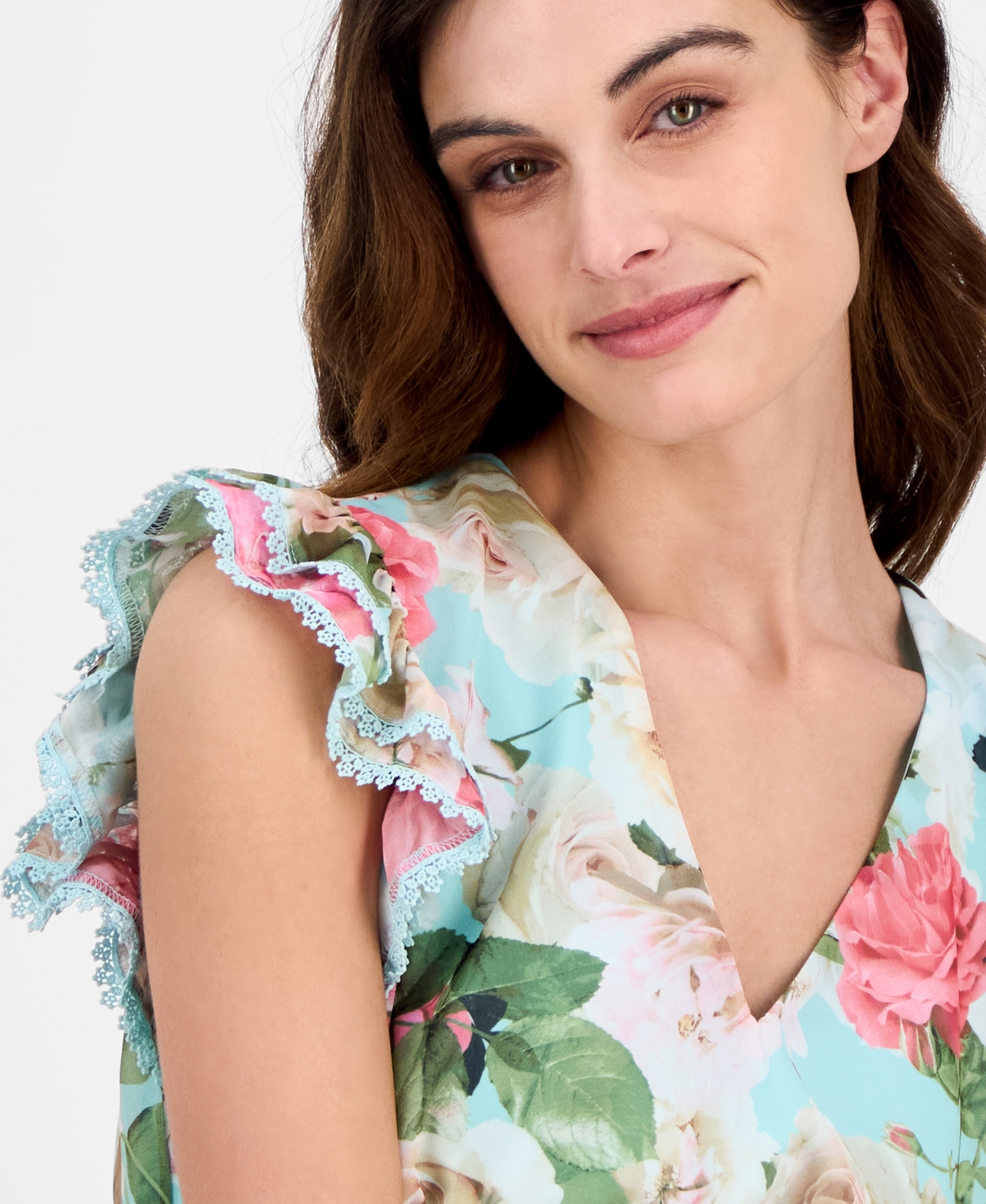 Anne Klein Floral Ruffle Drawstring Waist Dress In Eggshell Blue Multi