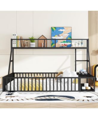 Metal Floor Bed with Desk and Storage Shelves, Playhouse for Kids