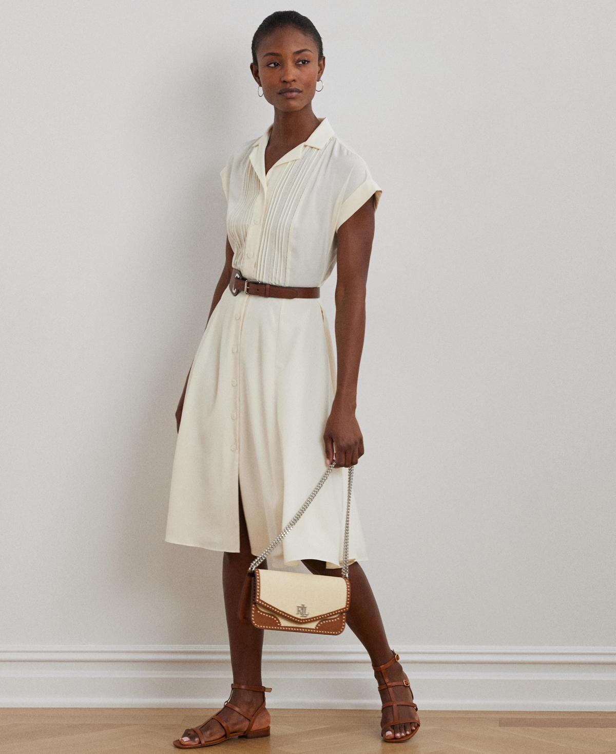 RALPH LAUREN WOMEN'S BELTED CREPE PINTUCKED SHIRTDRESS 