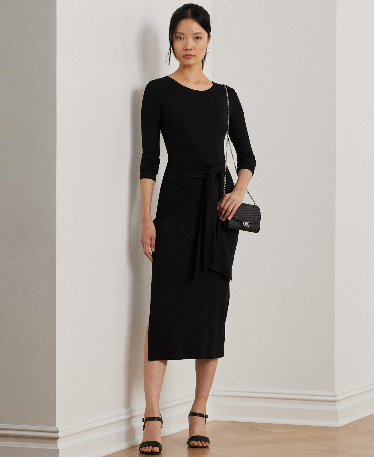 Women's Tie-Front Cotton-Blend Crewneck Dress - Black
